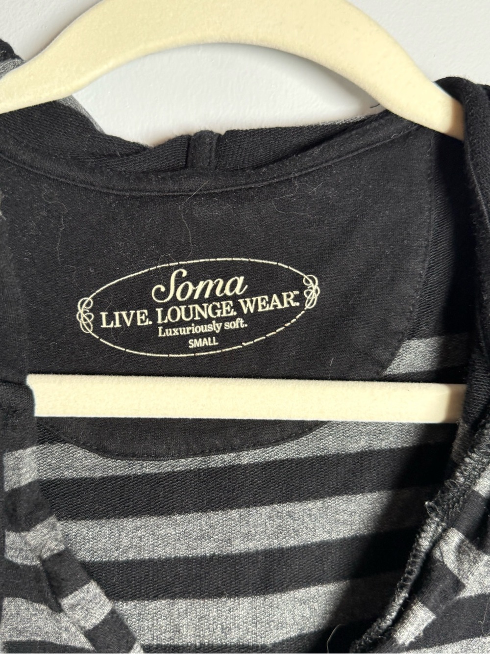 Soma Black and Gray Striped Hooded Lounge Top with V-Neck - Picture 4 of 10